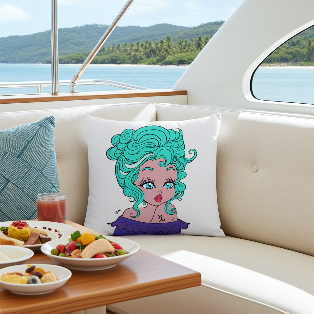 Decorative pillow with a capricorn character design on a boat with scenic view