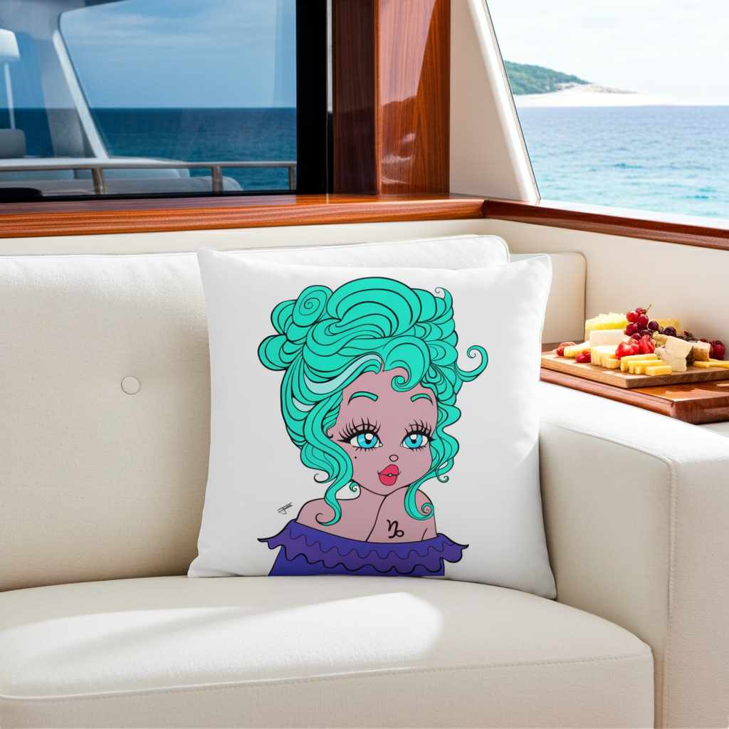 Decorative pillow with a capricorn character design on a couch by a window with ocean view