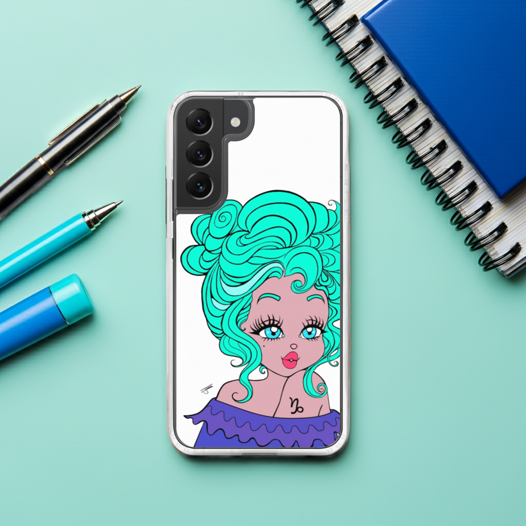 Samsung Phone case with a Capricorn character with teal hair on a light blue background