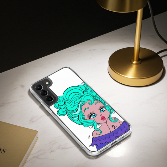 Phone case with a Capricorn character on a marble surface with a lamp.