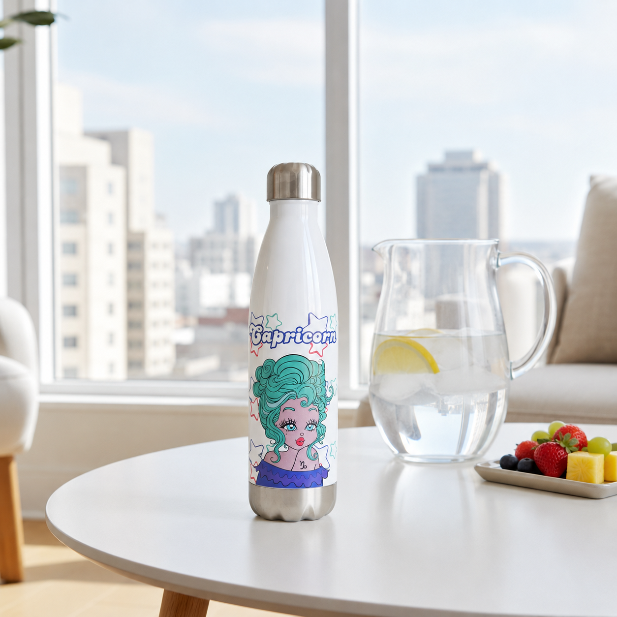 White water bottle with a colorful label featuring a Capricorn illustration on a table with a cityscape in the background.