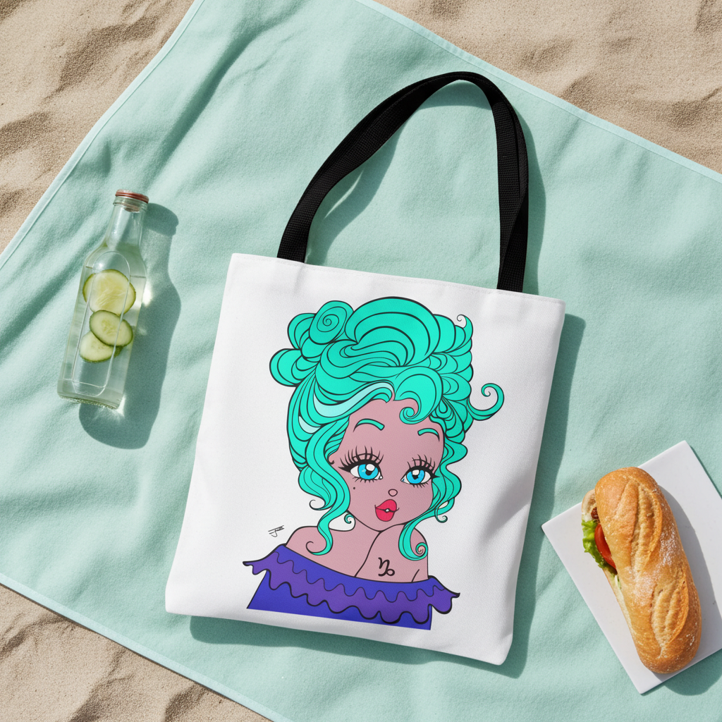 Tote bag with a Capricorn character on a light blue towel.