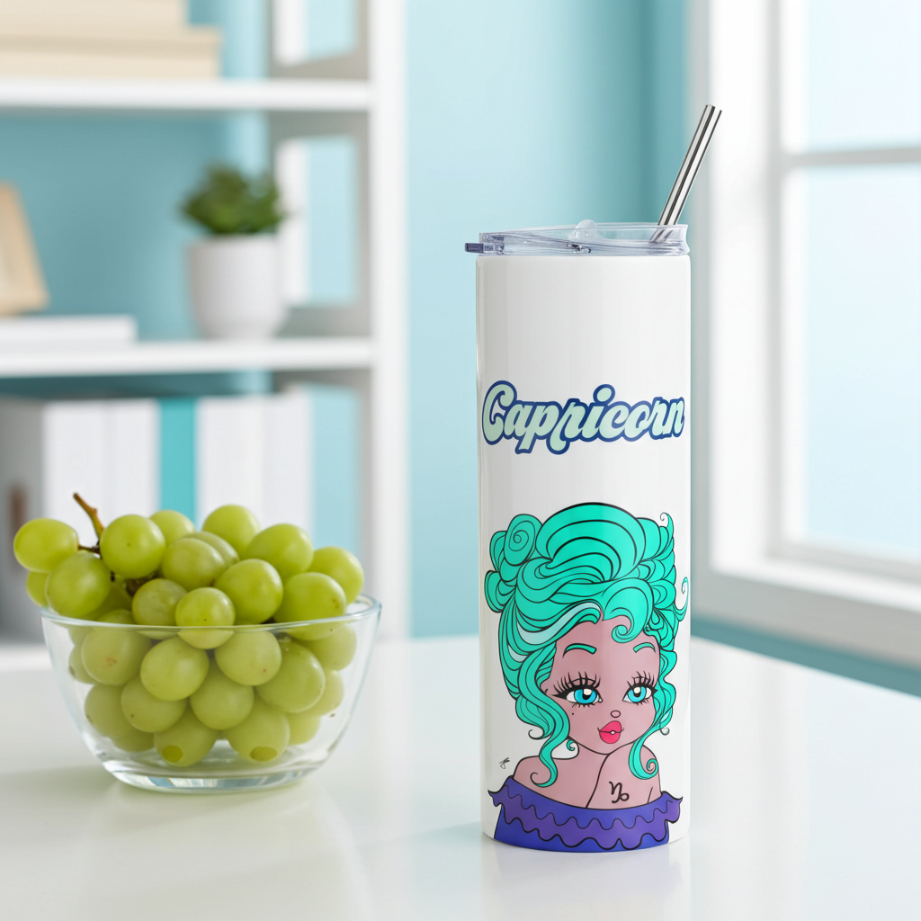 Tumbler with a character design labeled 'Capricorn' next to a bowl of grapes on a table.
