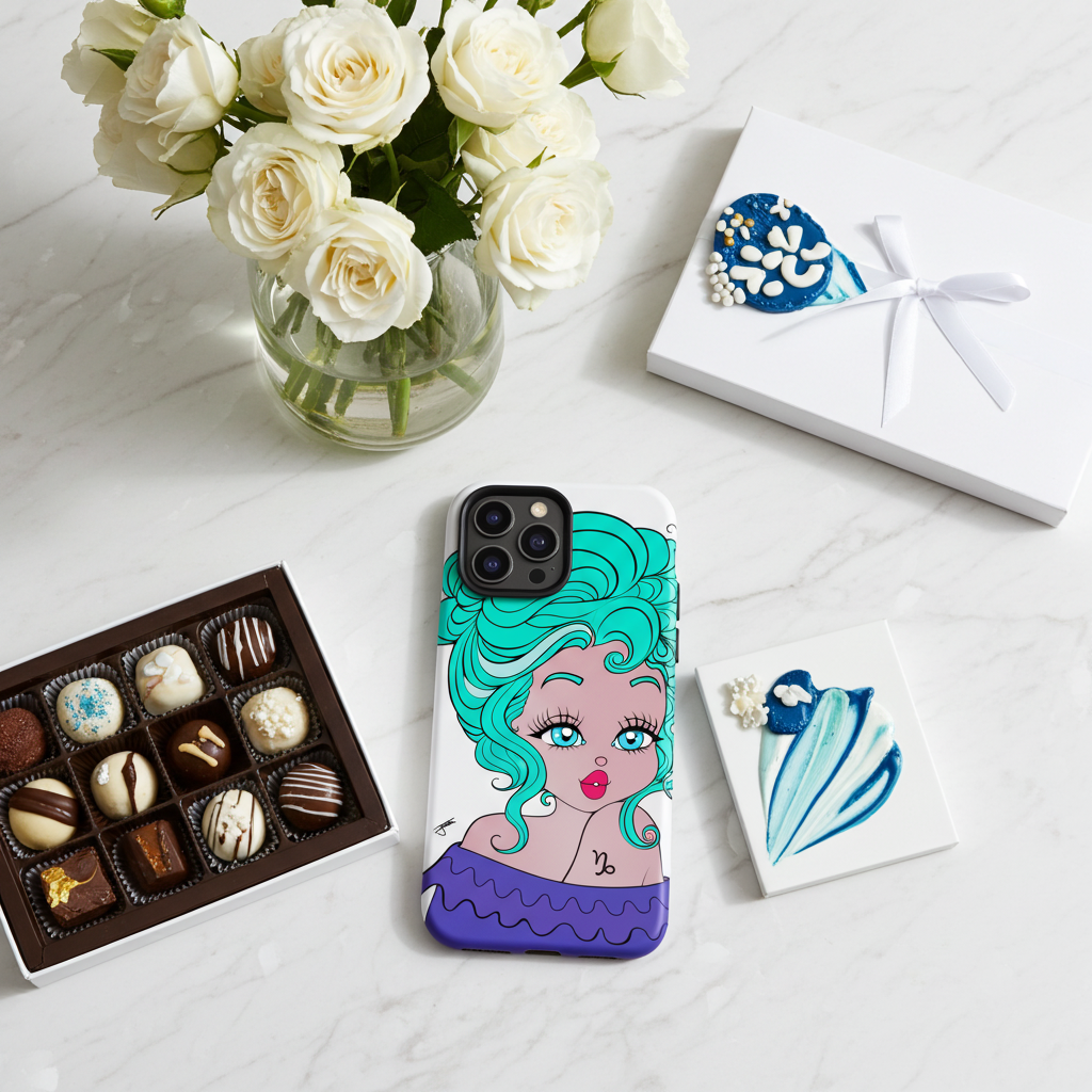 Phone case with a capricorn character design on a table with flowers, chocolates, and a gift box.