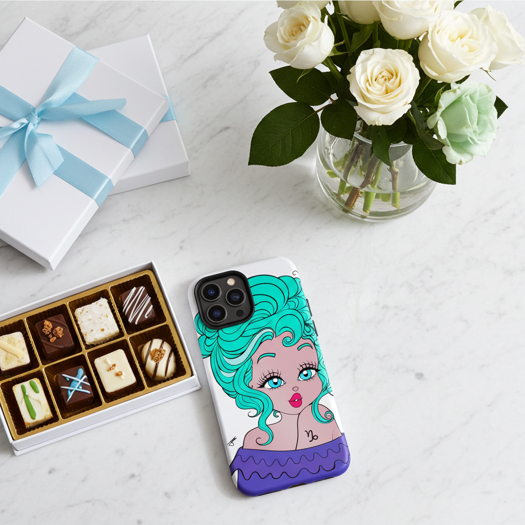 Phone case with a Capricorn character design, chocolates, and flowers on a marble surface