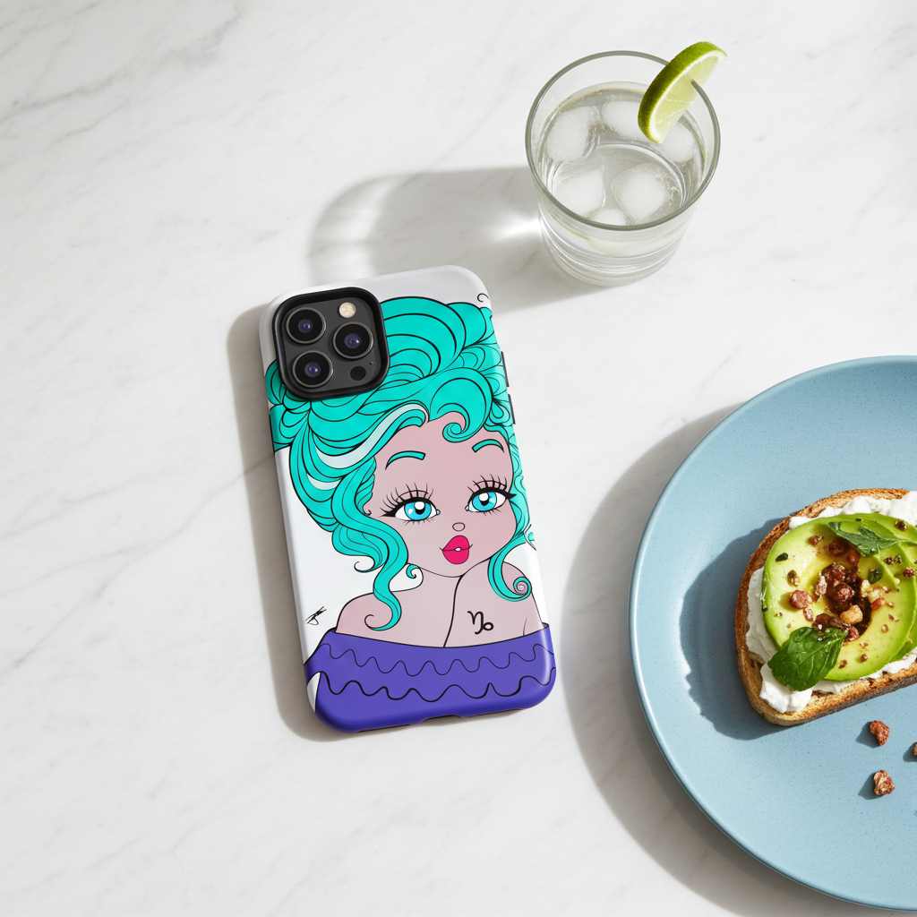 A phone case with a Capricorn character design, shown on a white marble surface next to a glass of water with a lime wedge and a plate of avocado toast.