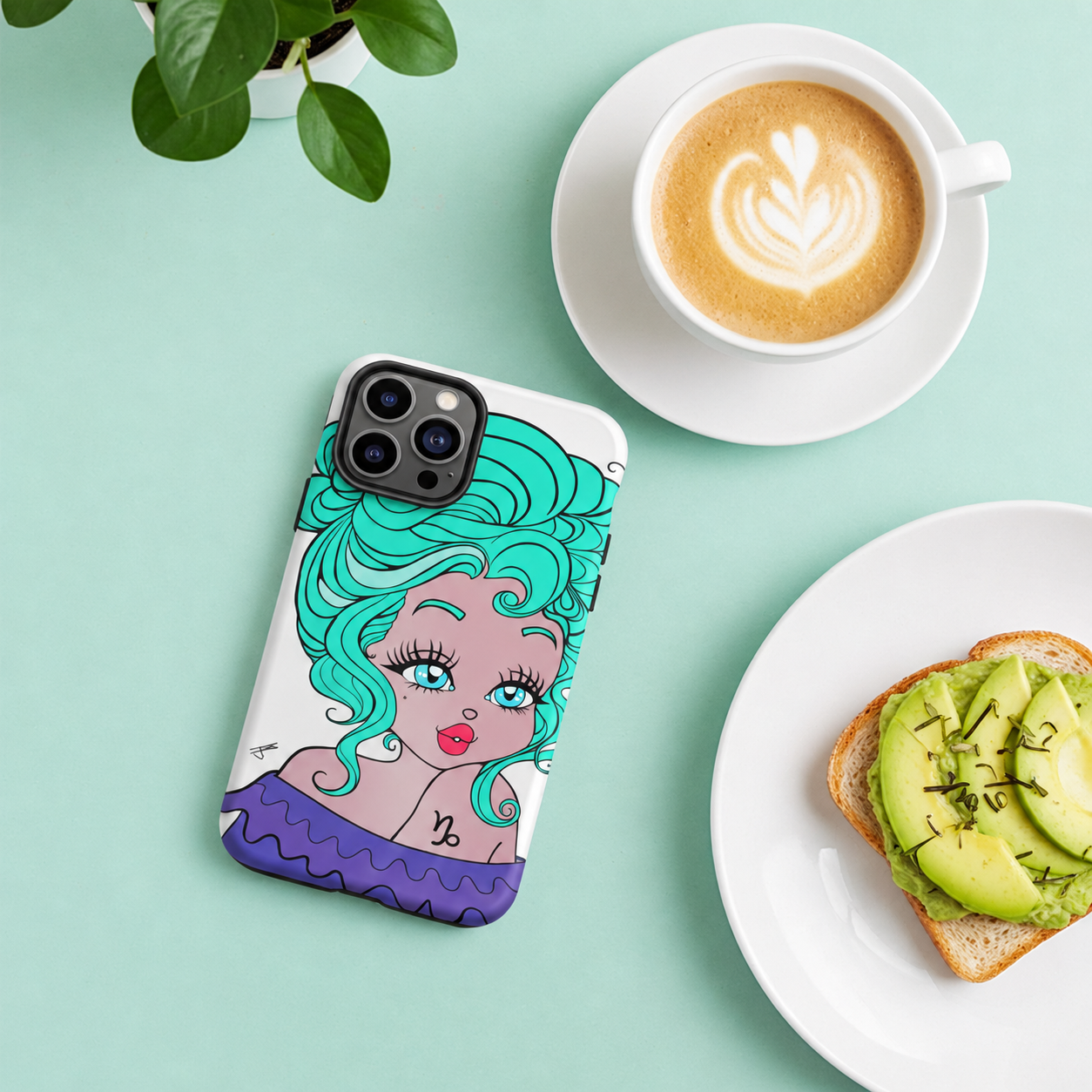 iphone case with a Capricorn character design of a mermaid on a light green background with a cup of coffee and avocado toast.
