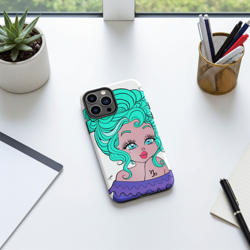 Phone case with Capricorn design on a desk with stationery items