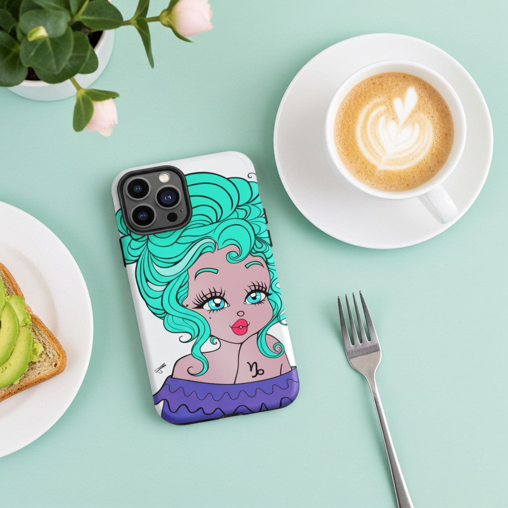 Phone case with a Capricorn character design of a mermaid on a table with a cup of coffee and avocado toast.
