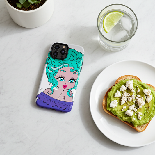 A phone case featuring a stylized illustration of a woman with bright teal hair and a purple top, shown on a white plate with avocado toast, a glass of water with a lime wedge, and a small potted plant on a light marble surface.