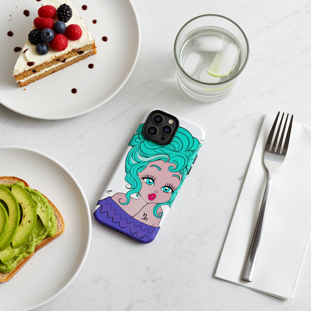 A phone case featuring a colorful illustration of a mermaid with teal hair and a purple top, shown on a white phone. The case is styled in a flat-lay setting on a white marble surface alongside a glass of water, a slice of cake with berries, avocado toast, and a fork on a napkin.