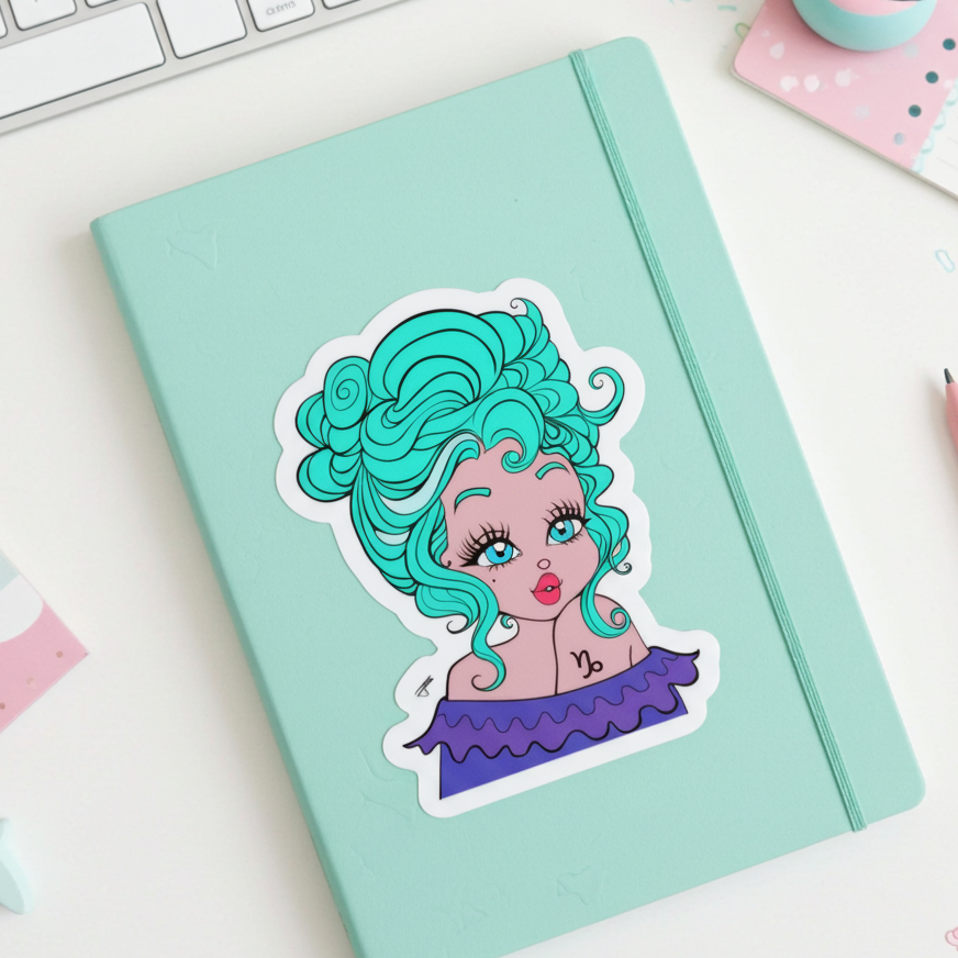 Light blue notebook with a sticker of a Capricorn character on a desk with a keyboard and stationery items.