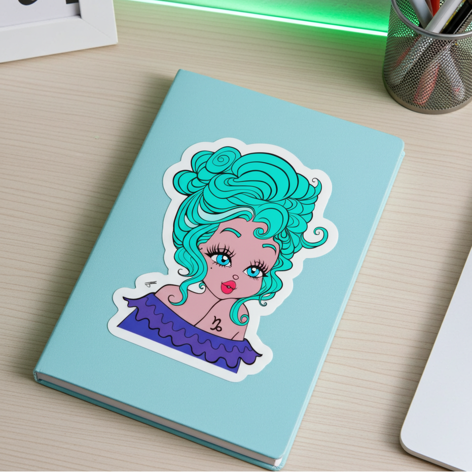 Light blue notebook with a sticker of a Capricorn character with teal hair on a desk.