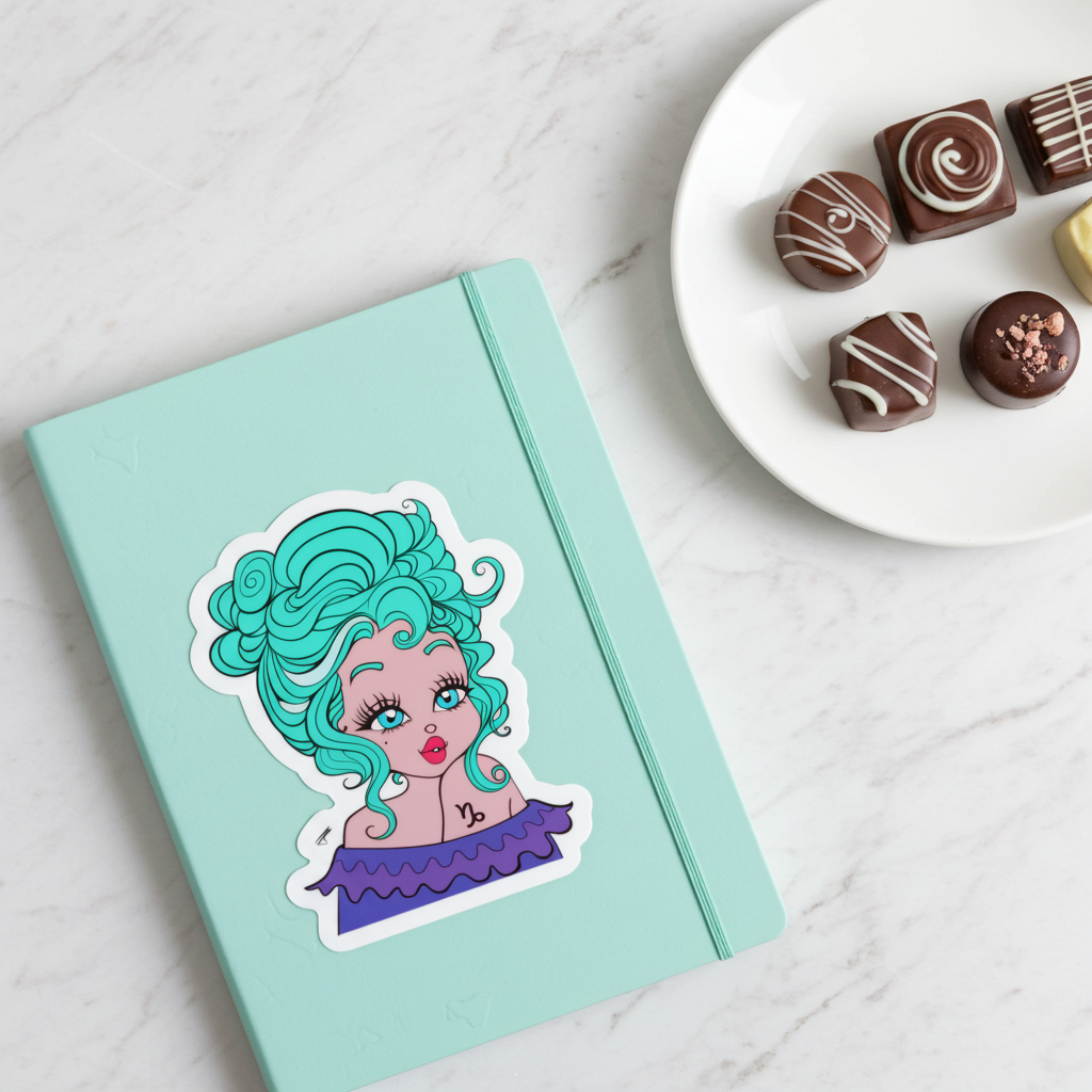 Light blue notebook with a sticker of a capricorn character with teal hair on a marble surface with chocolates.