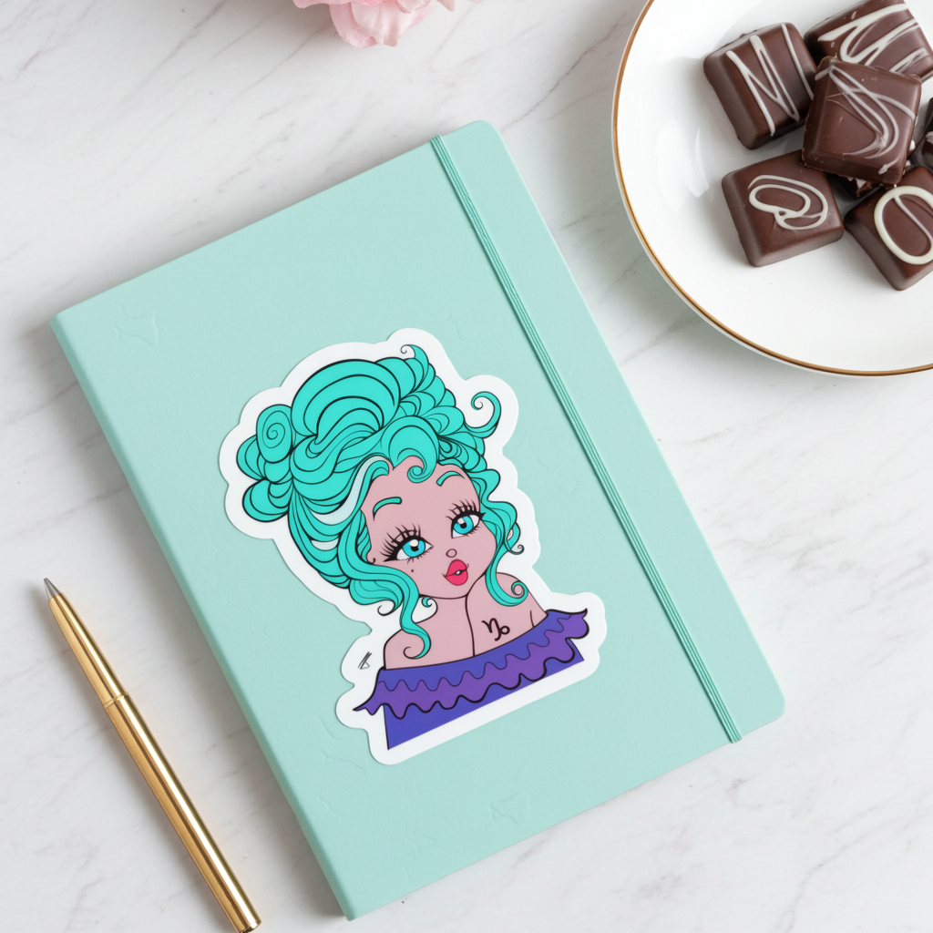 Light blue notebook with a colorful sticker of a capricorn character with teal hair on a white surface with a plate of chocolates.