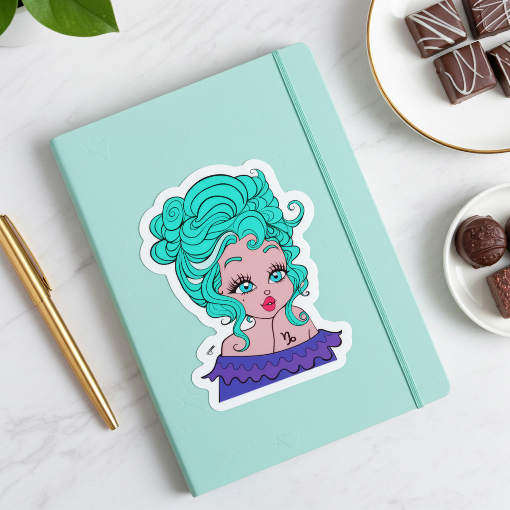Light blue notebook with a sticker of a capricorn character with teal hair on a white surface with chocolate.
