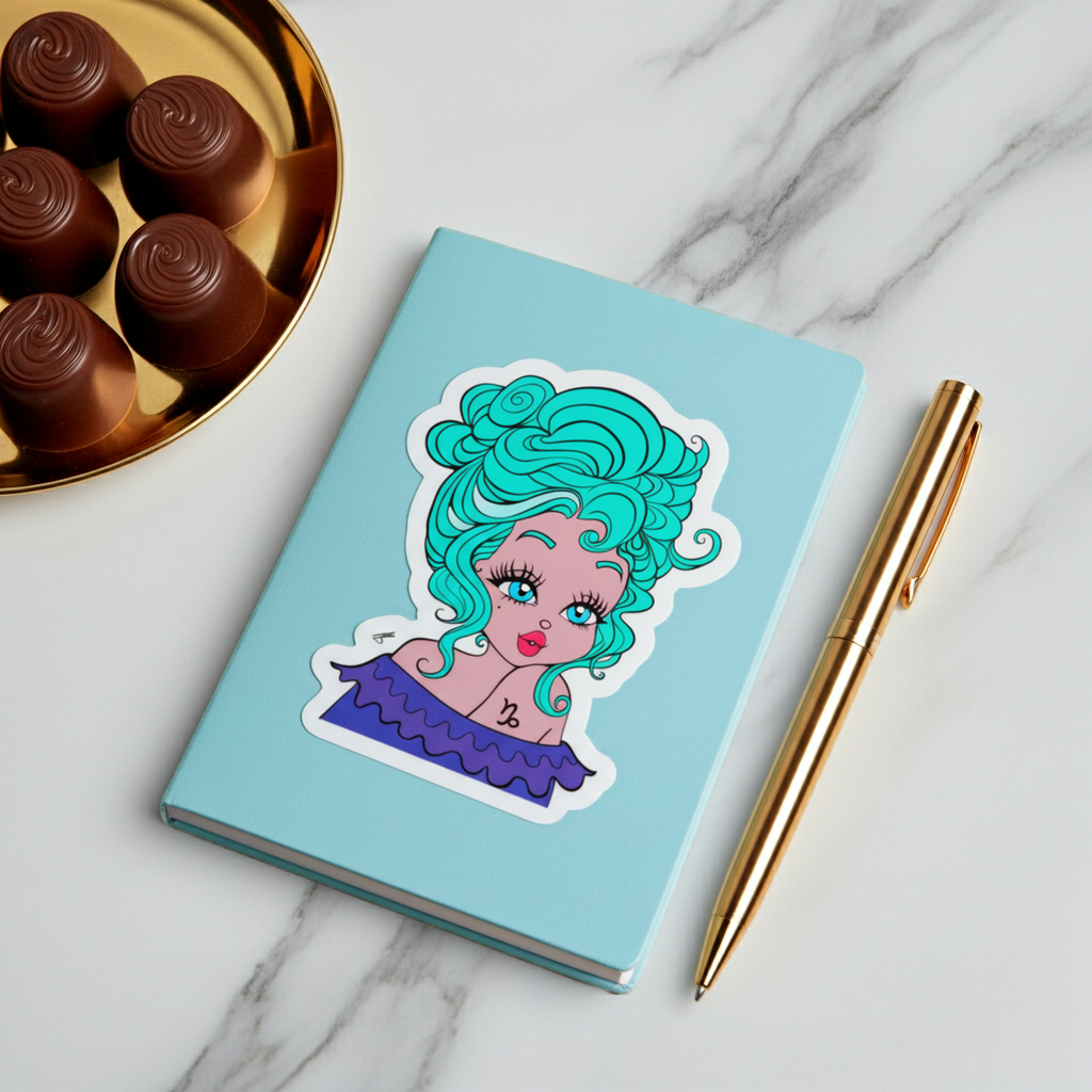 Notebook with a Capricorn sticker on a marble surface with chocolates and a pen.