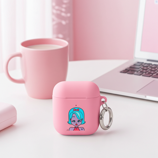 Pink air pod case with a Gemini character design on a desk with a mug and laptop.