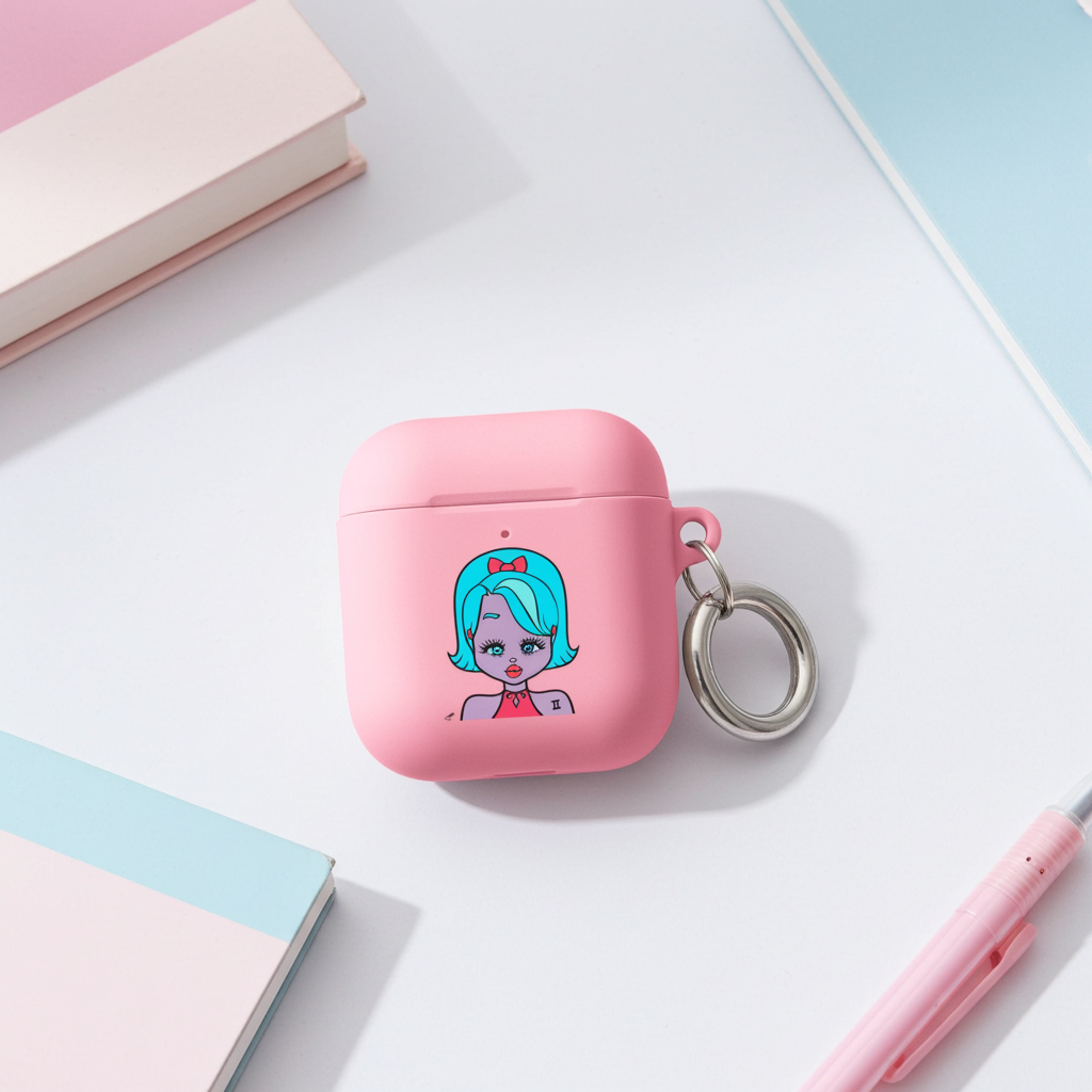 Pink wireless airpod case with a Gemini character design on a light surface with books and a pen.