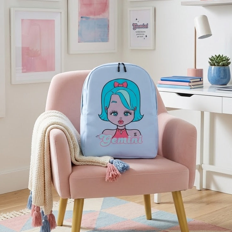 A light blue backpack with a cartoon Gemini girl illustration and the word 'Gemini' on the front, resting on a pink armchair in a bright, modern home office setting.