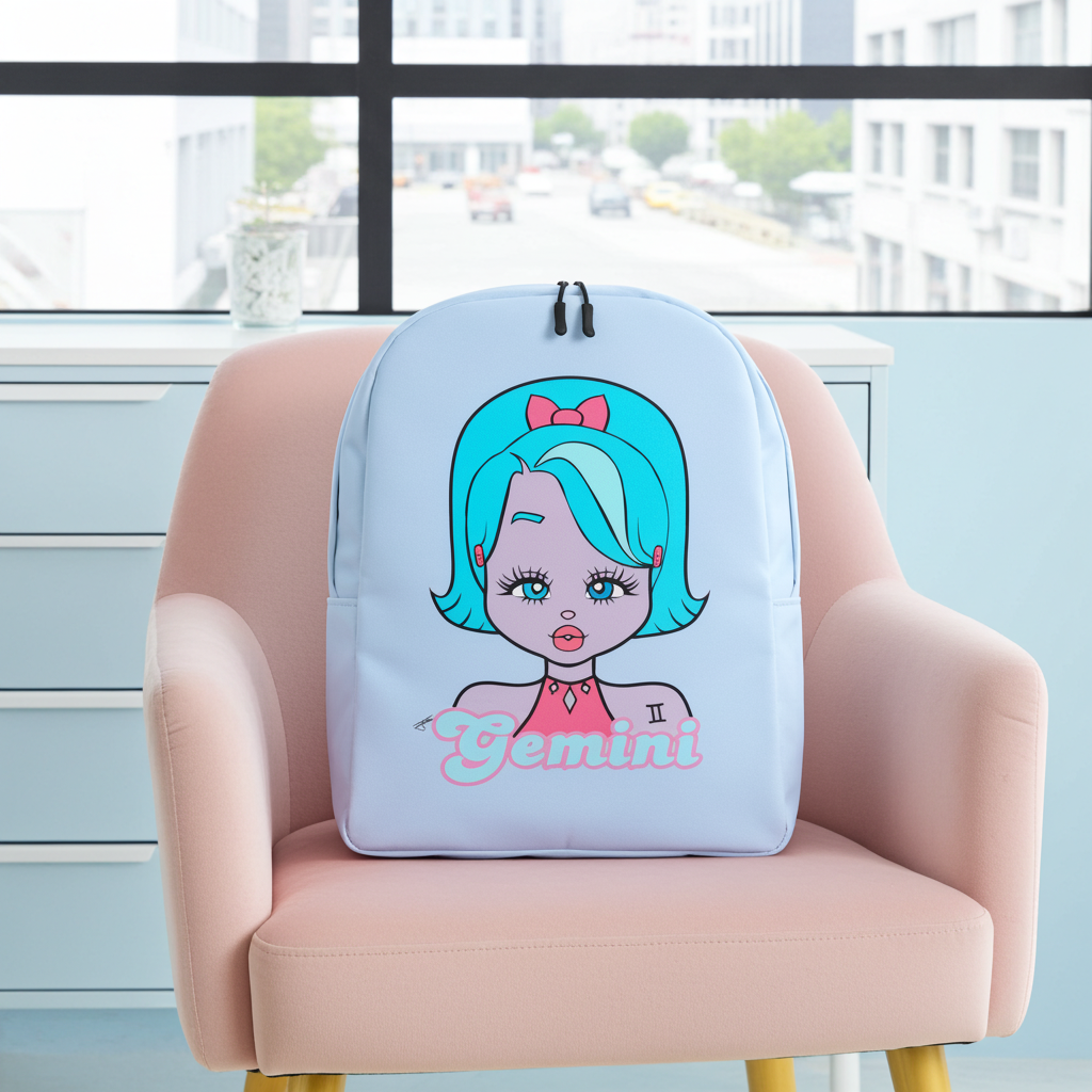 Backpack with cartoon design of a girl with blue hair and the word 'Gemini' on a chair.