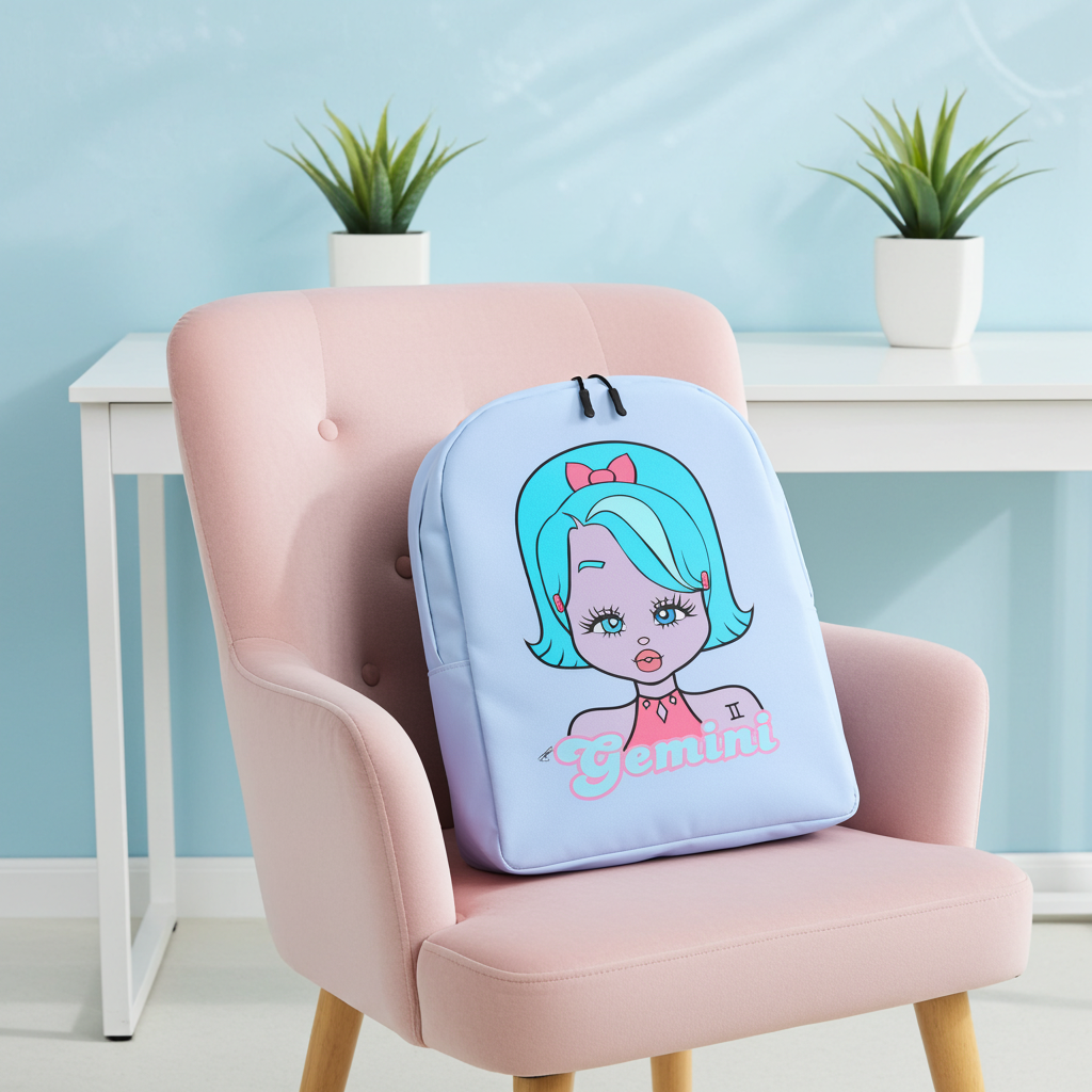 Backpack with cartoon character design on a pink chair against a light blue wall with plants.