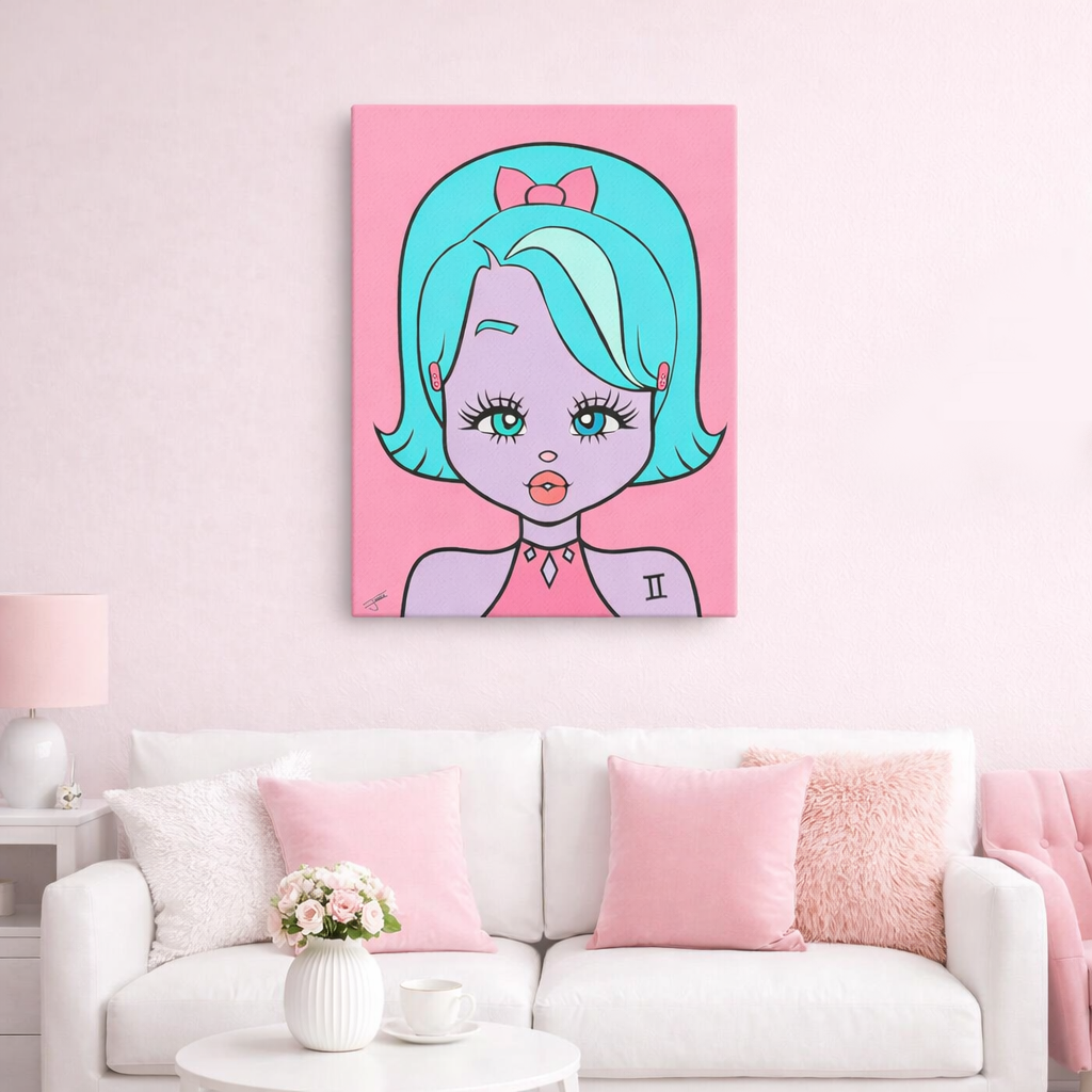 Canvas print of a Gemini character on a pink background, hanging above a white sofa in a living room.