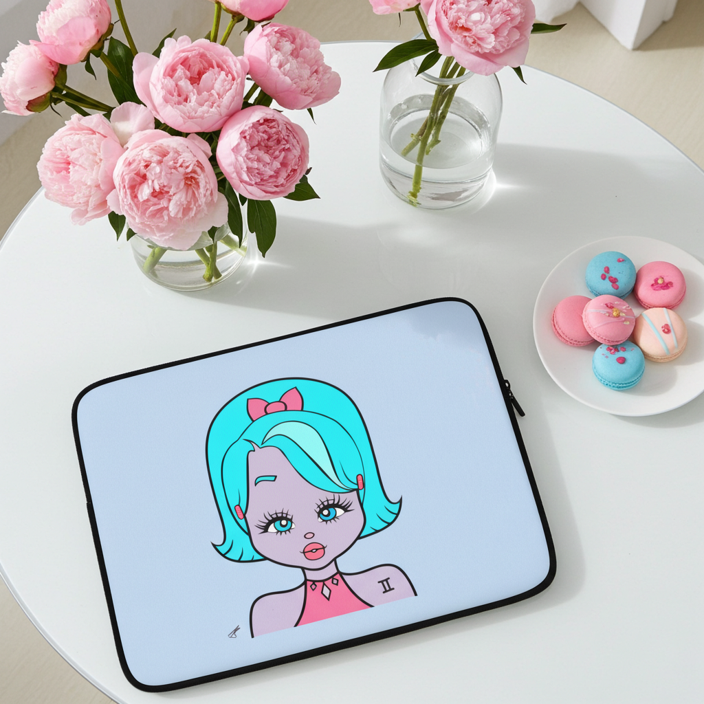 Laptop sleeve with a Gemini character on a white table with pink flowers and macarons.