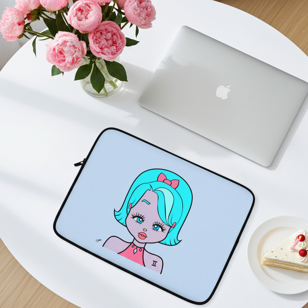 Laptop with a Gemini character design on a white surface with pink flowers and a dessert.