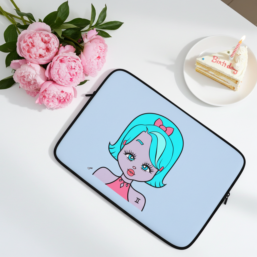 Laptop sleeve with a Gemini character design on a table with flowers and cake