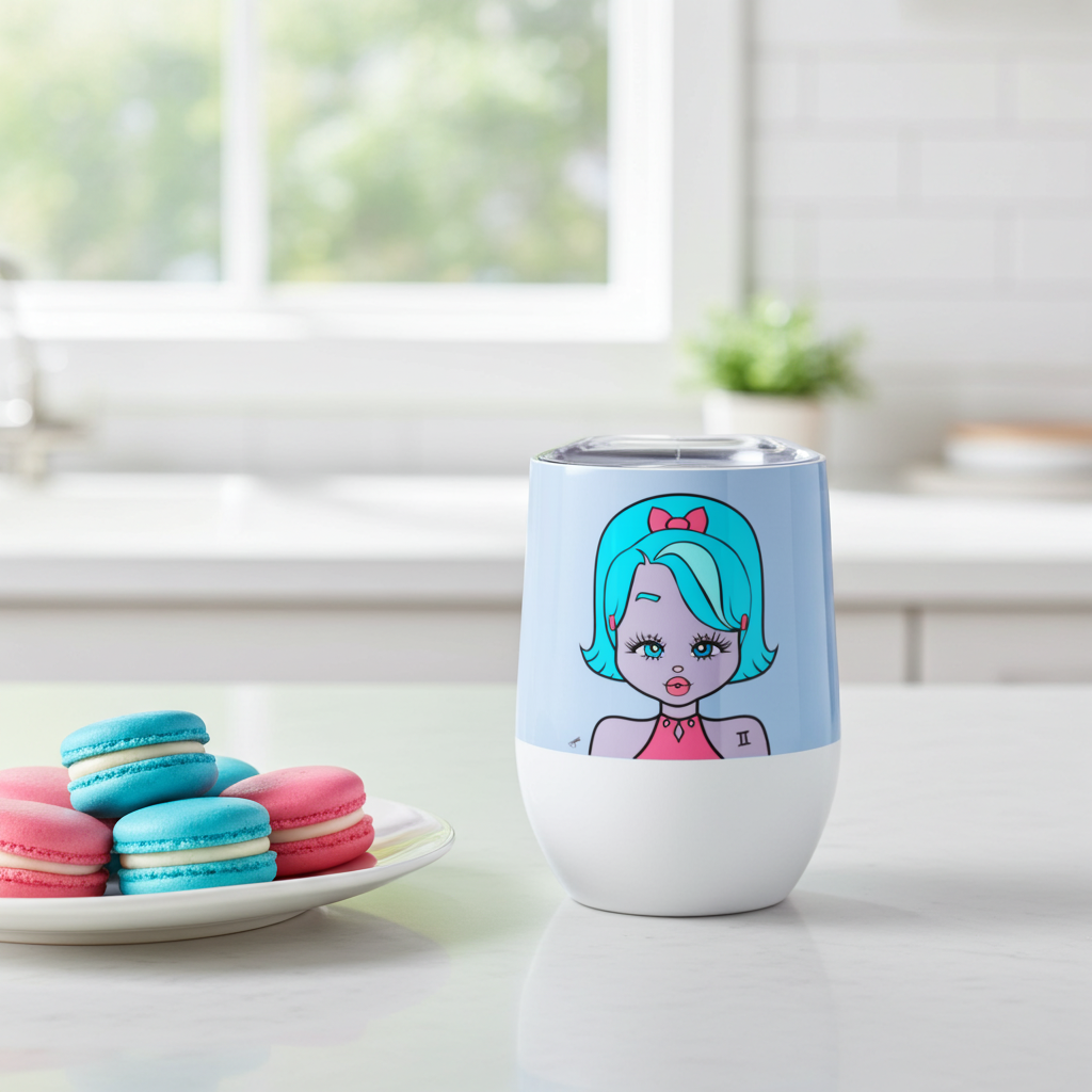 Tumbler with a Gemini character design on a kitchen counter with macarons.