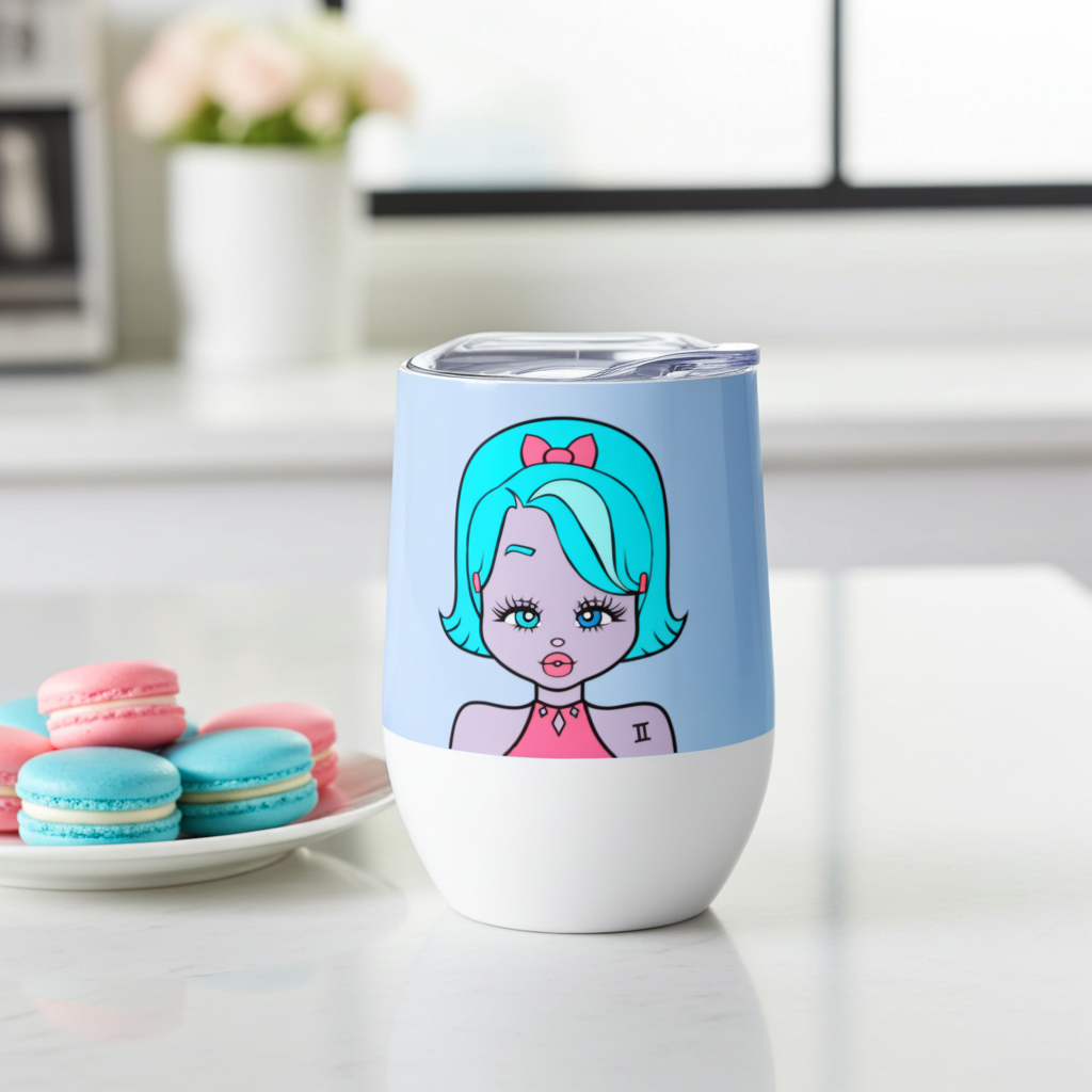 Tumbler with a Gemini character design on a white surface with macarons.