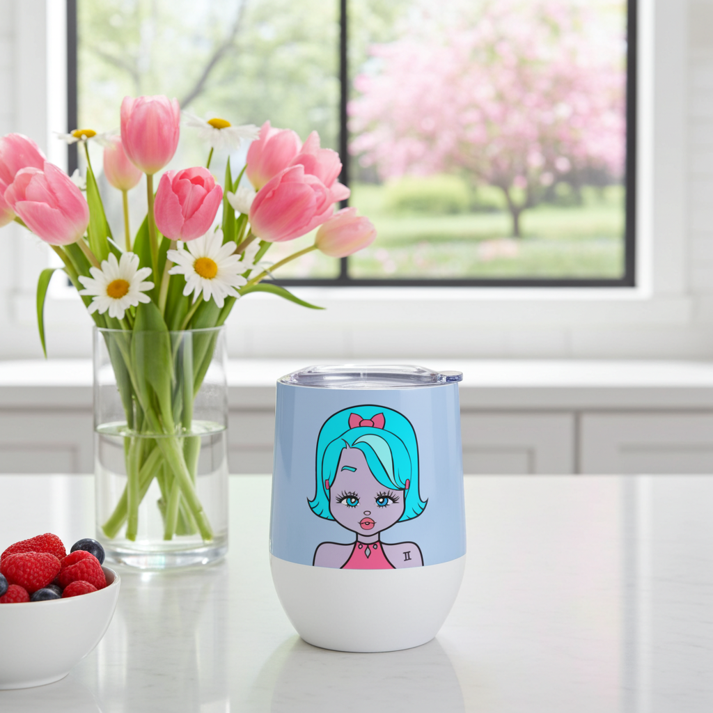 Tumbler with a colorful design of a Gemini character with blue hair and a pink bow, placed on a surface with flowers and berries.
