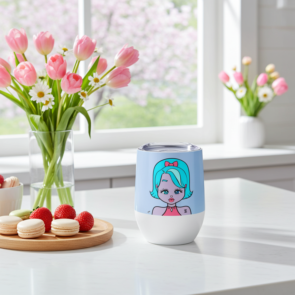 White tumbler with a colorful Gemini character design on a table with flowers and macarons.