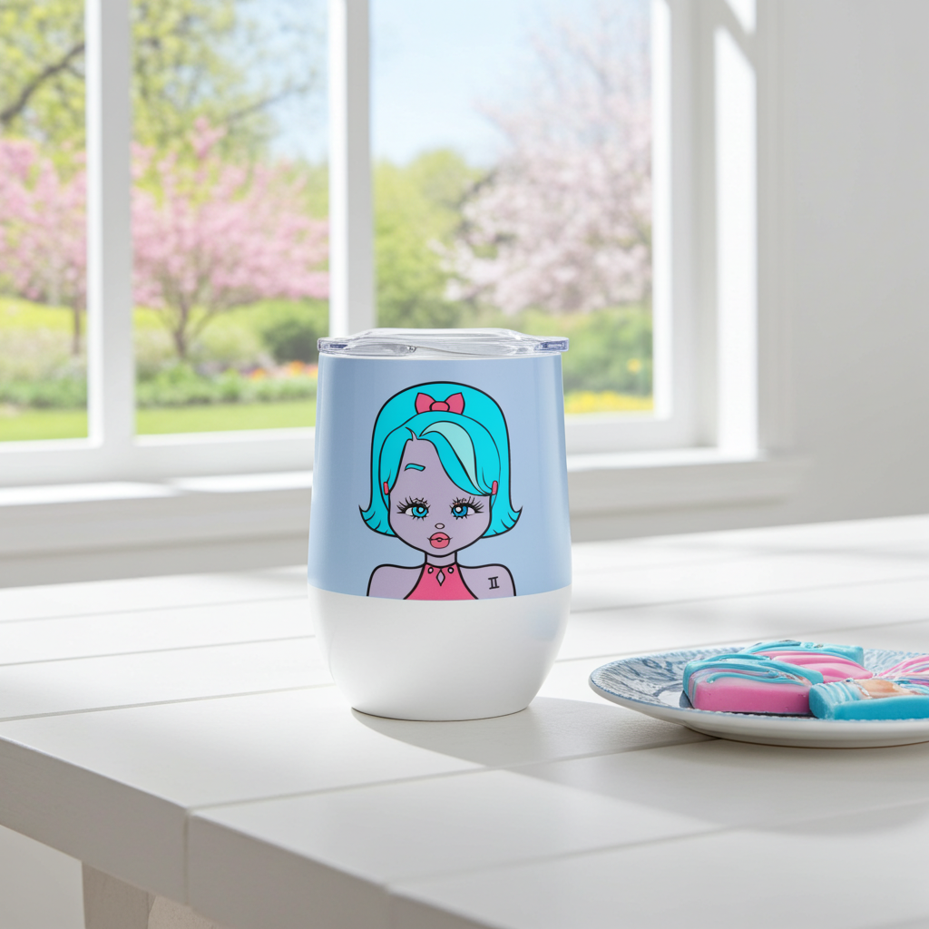 Tumbler with a Gemini character on a table with a window view of trees with pink blossoms.