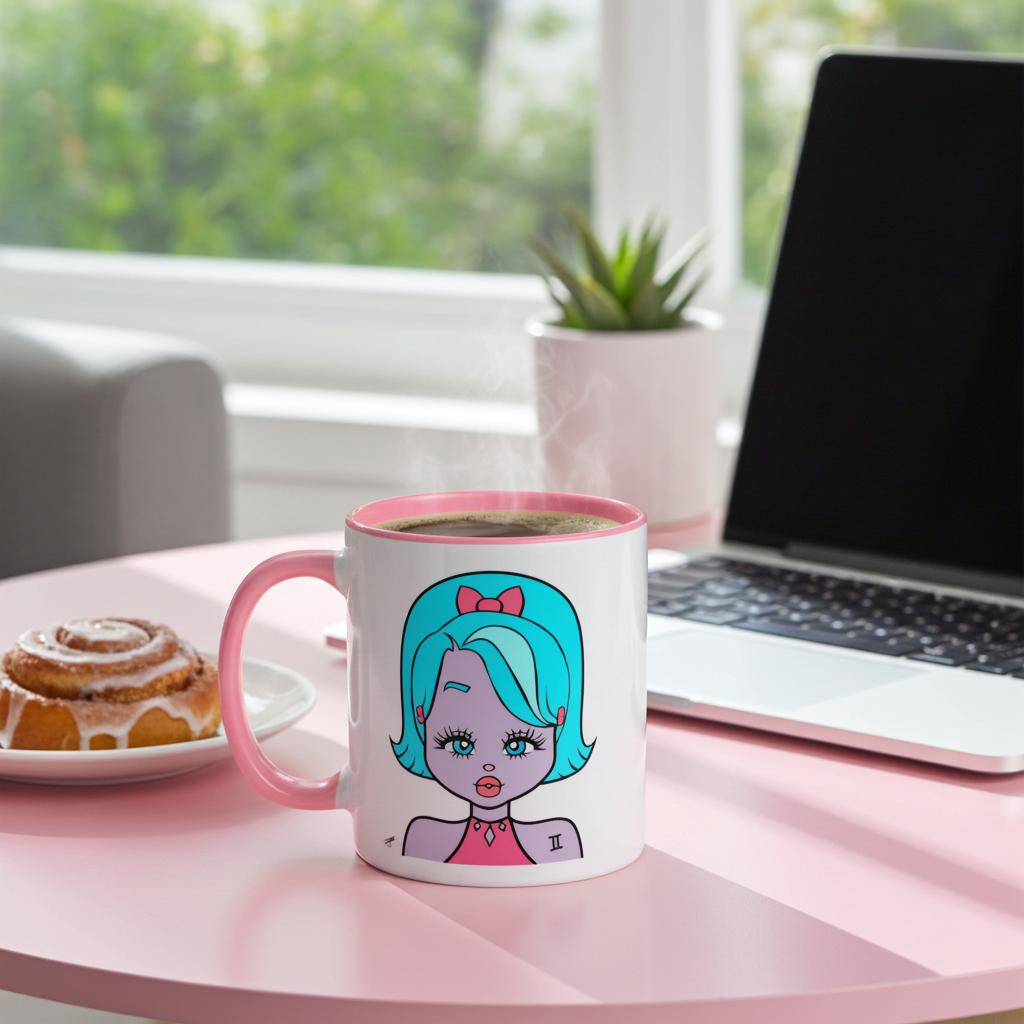 Mug with a Gemini character design on a table next to a laptop and a cinnamon roll.