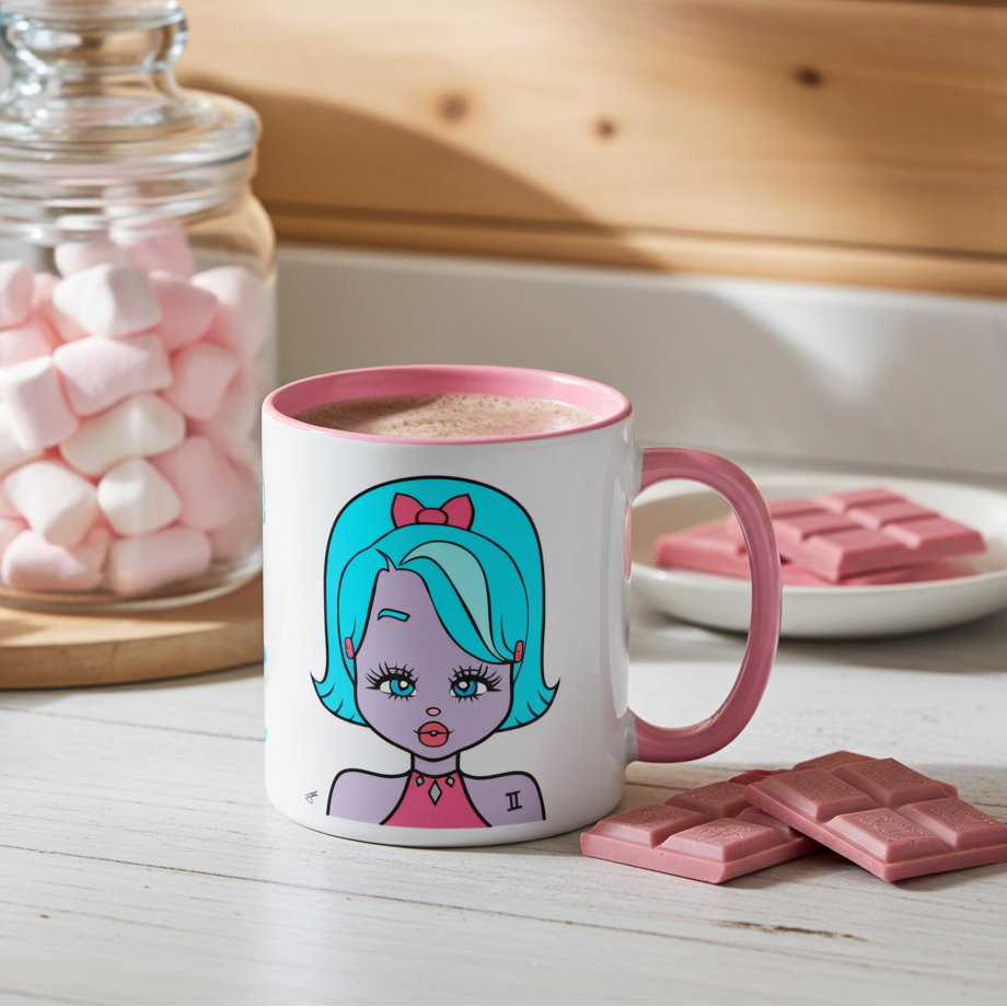 Mug with a Gemini character design on a table with marshmallows and chocolate.