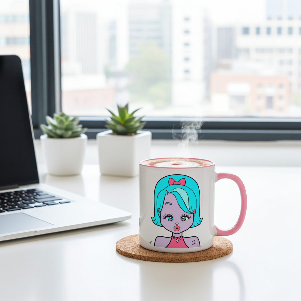 Mug with a Gemini character design on a desk next to a laptop and plants.