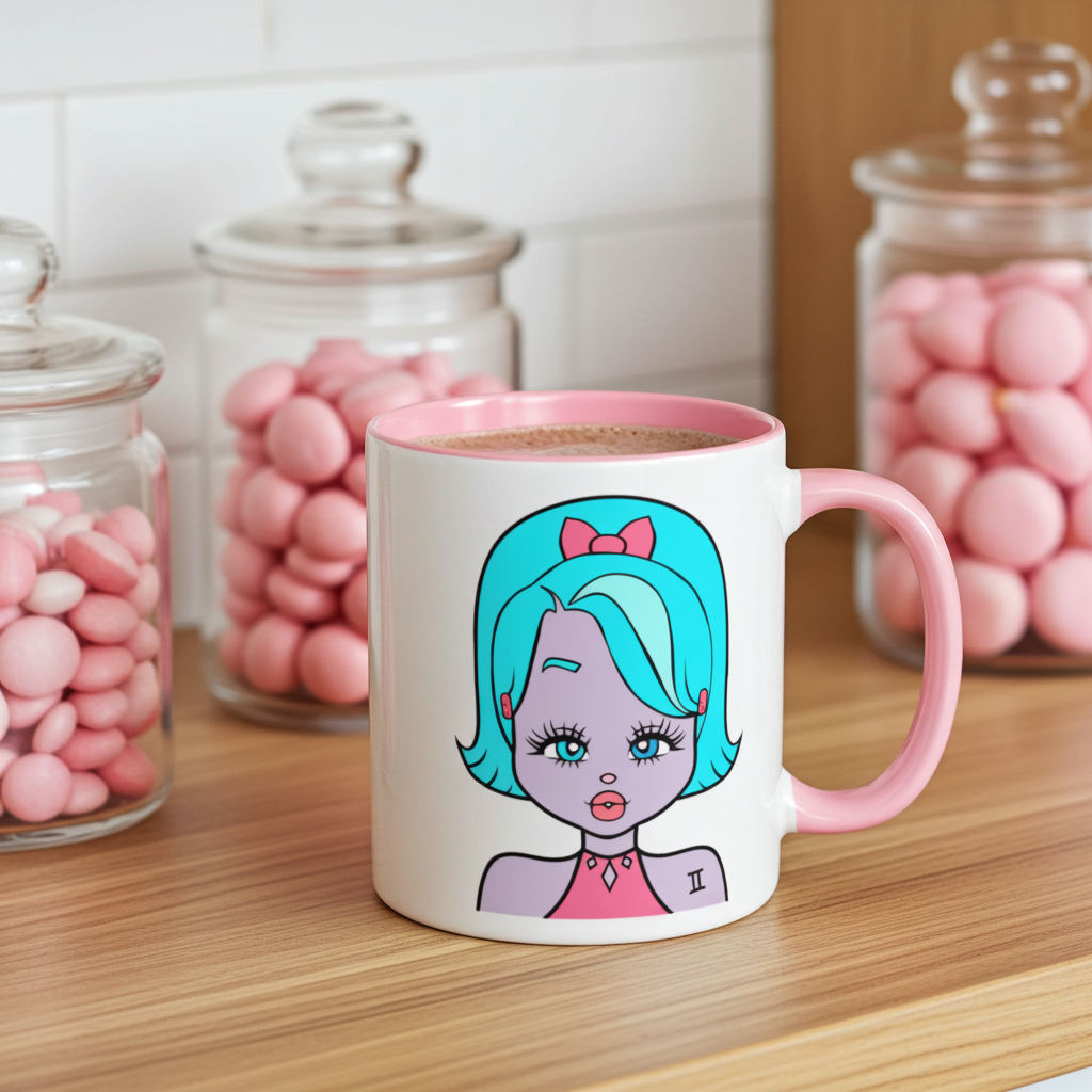 Mug with a Gemini character design on a wooden surface with jars of pink candies in the background.