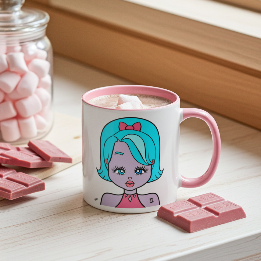 Mug with Gemini character design on a table with pink chocolate and marshmallows.