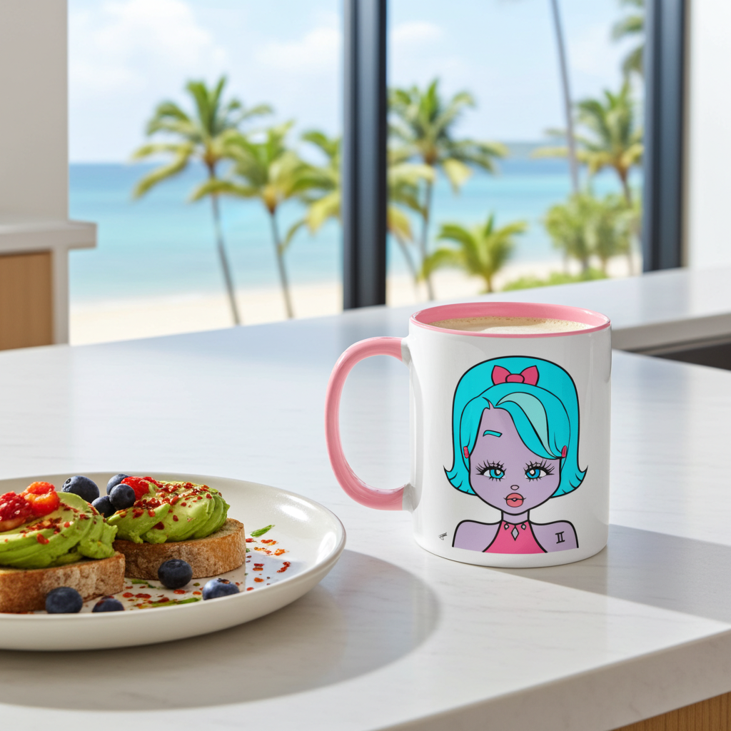 A white ceramic coffee mug with a pink handle and rim, featuring a gemini character design, placed on a white countertop next to a plate of avocado toast. The background shows a bright window looking out onto a tropical beach with palm trees.
