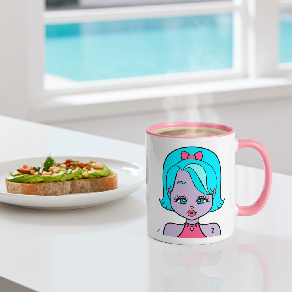 A white ceramic coffee mug with a pink handle and rim, featuring a gemini character design. The mug is shown on a white table next to a plate of avocado toast, with a bright window and pool view in the background.