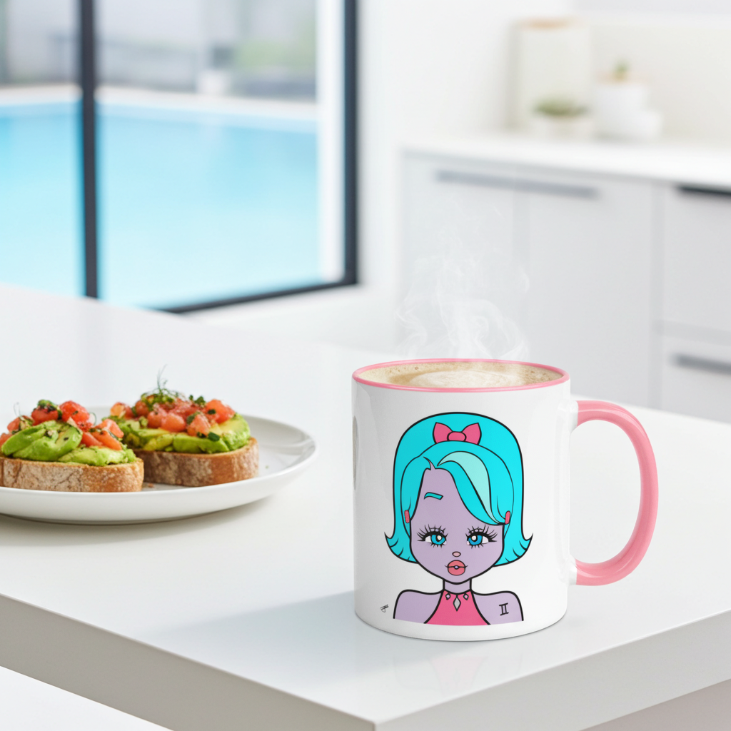 A white ceramic coffee mug with a pink handle and rim, featuring a gemini character design, sitting on a white kitchen counter next to a plate of avocado toast. Steam is rising from the mug, and a blurred kitchen background with a window is visible.