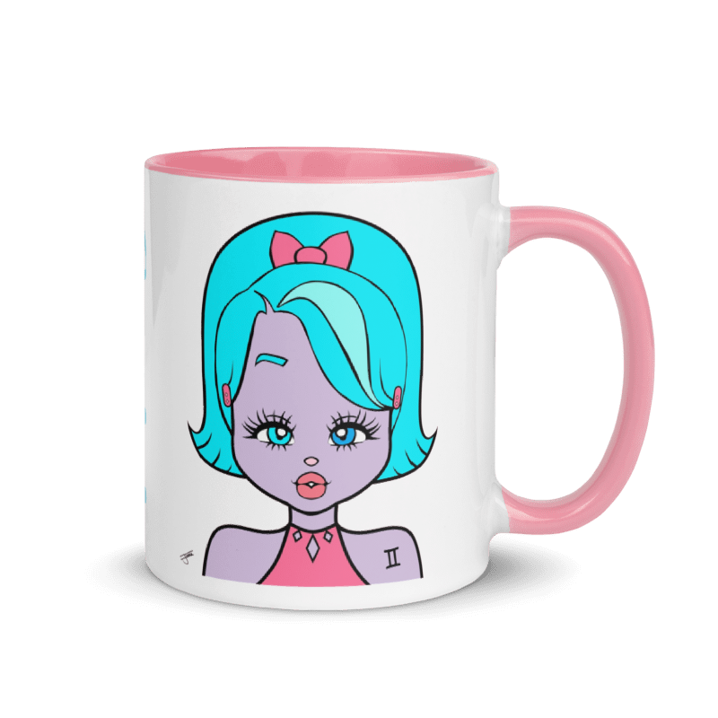 Mug with a Gemini character design featuring blue hair and a pink bow on a white background.