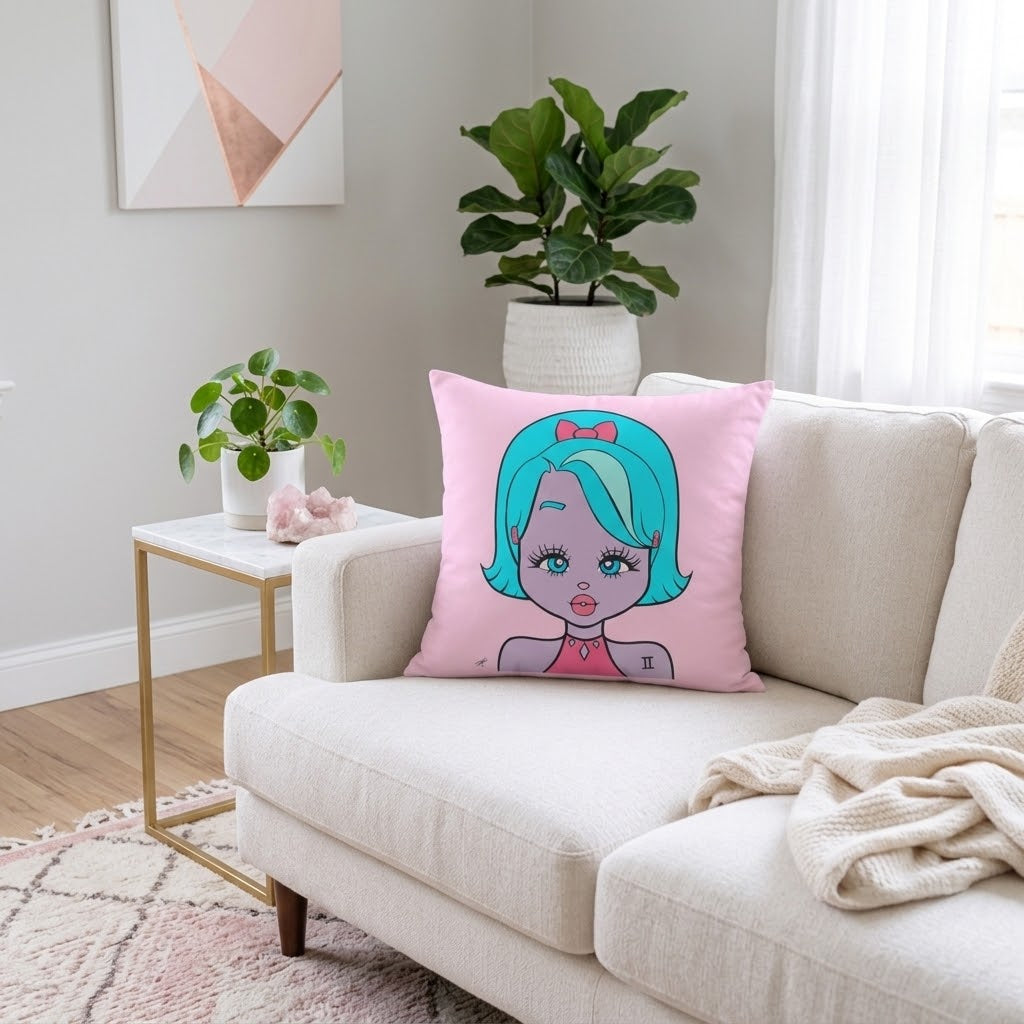 A square pink throw pillow featuring a cartoon illustration of a girl with bright teal hair and a pink bow, resting on a light beige sofa in a styled living room setting.