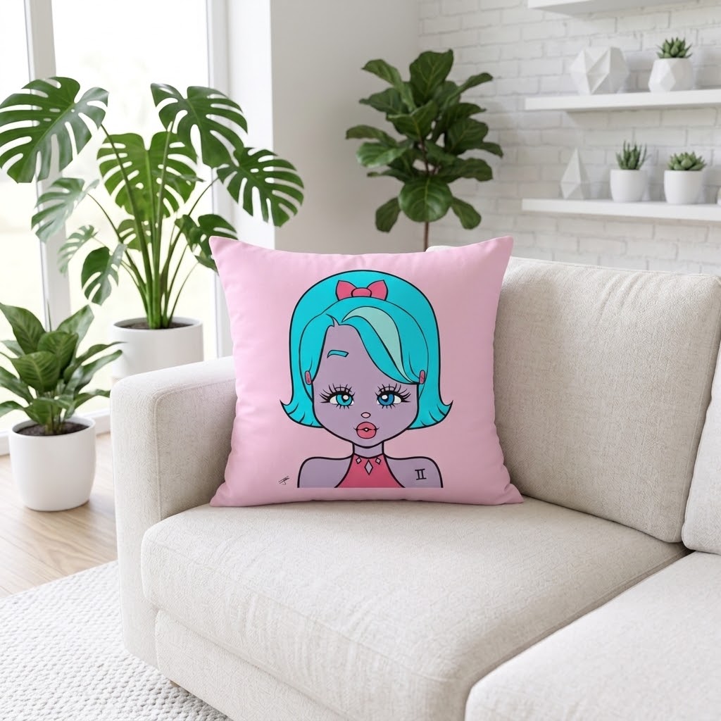 A square pink throw pillow featuring a cartoon illustration of a girl with turquoise hair and a pink bow, resting on a light beige sofa in a bright, modern living room with potted plants.