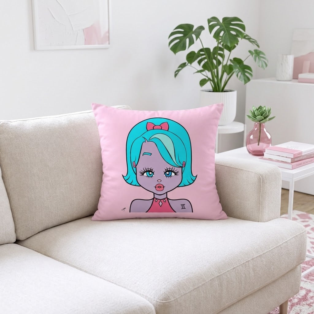 A square pink throw pillow featuring a cartoon illustration of a girl with teal hair and a pink bow, resting on a light beige sofa in a bright, modern living room.