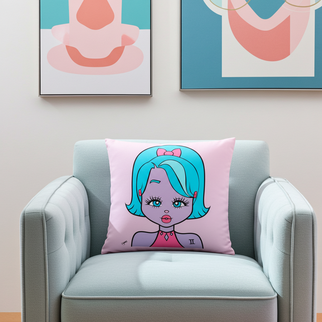Decorative pillow with a Gemini character on a light blue armchair, with abstract art in the background.