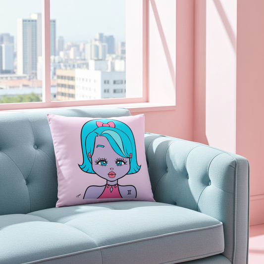 Decorative pillow with cartoon character on a light blue sofa in a room with pink walls and a cityscape view.