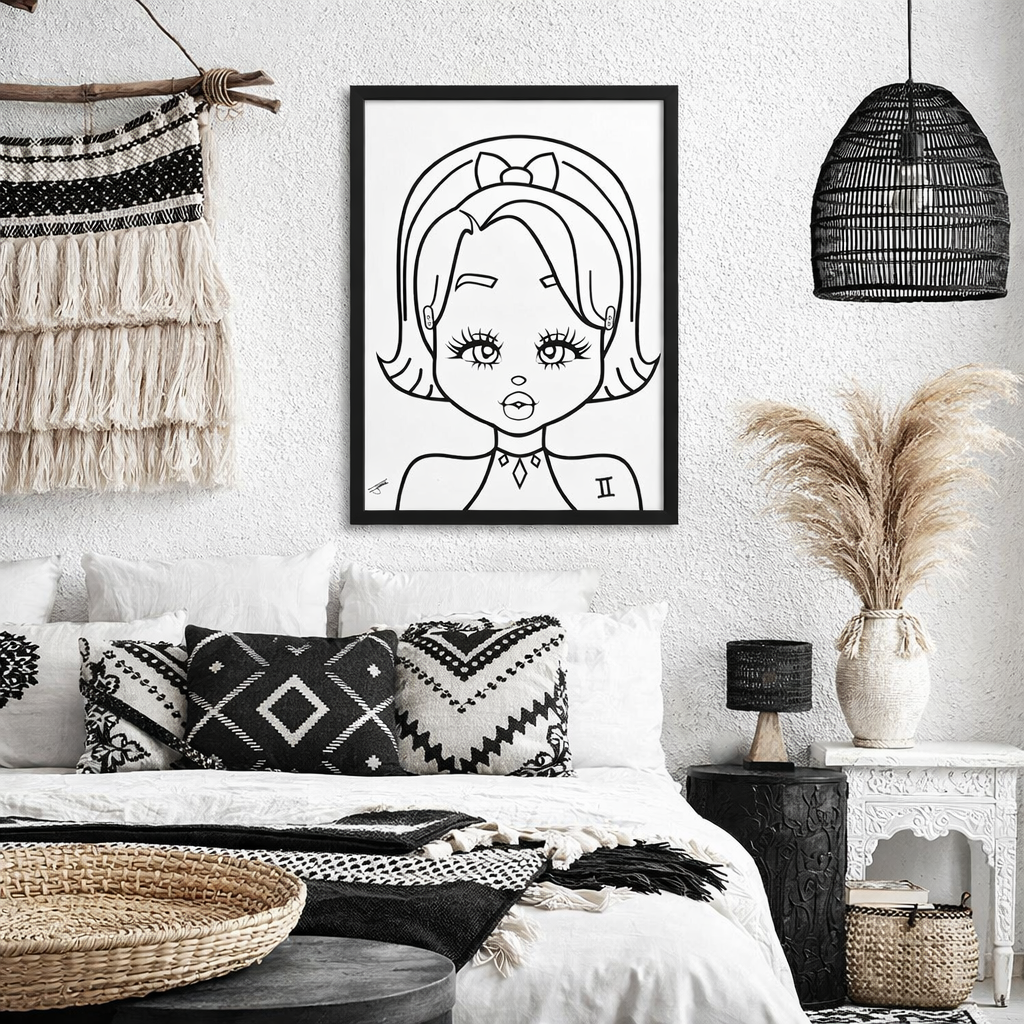 Framed black and white Gemini Poster above a bed in a stylish bedroom.